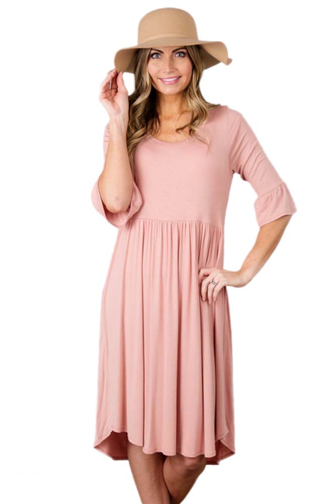 BY61652-10 Pink Ruffle Sleeve Midi Jersey Dress